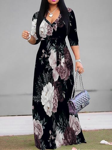 Image of PinkPatty Women's Plus Size Maxi Dresses Casual Flowy 3 /4 Sleeves Dress Printed Vacation Dress for Daily Wear with Belt