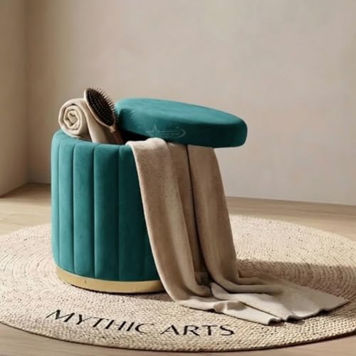 Image of Superior Round Storage Ottoman Stool 16 X 16X 19 inch, with Gold Metal Base | Elegant Pouffe with Secret Storage | Cushioned Footrest for Living Room, Bedroom, and Lounge Aqua