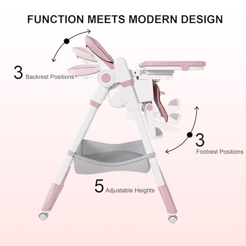 Image of Baby High Chair for Babies & Toddlers, Foldable Feeding Chair with Wheels, Adjustable Seat Height, Backrest, Footrest, Removable Tray, PU Cushion, 5-Point Harness, Easy to Clean, Pink+White