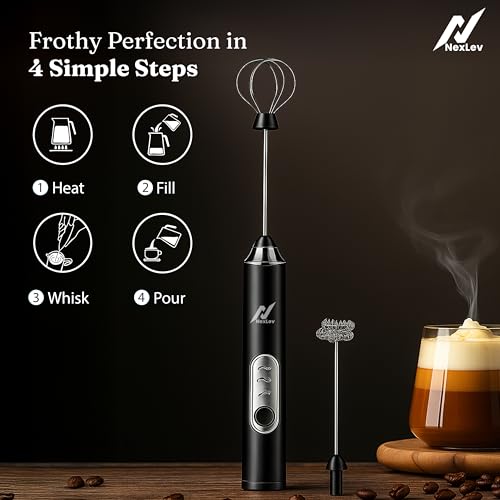 Image of NexLev Rechargeable Milk Frother & Coffee Whisker | 3 Speed | Stainless Steel Dual Spring Tech | Perfect for Coffee Lattes Milk Hot Chocolate Omlete & Cream | Handheld Beater for Foam |MF-01