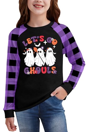 BesserBay Girls Halloween Funny Plaid Graphic Shirt Long Sleeve Spooky Patchwork Raglan Top 5-14 Years