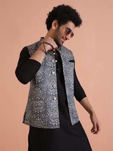 Image of KISAH Men Printed Kurta Jacket Set, Full Sleaves, Knee Length, Straight, Regular Fit, Mandarin Collar Ethnic Wear