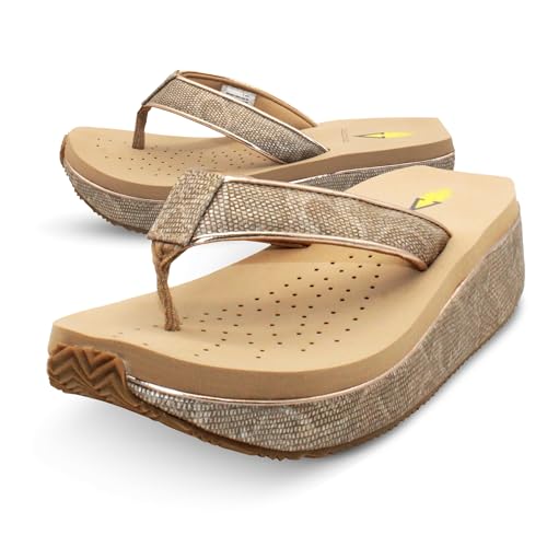 Image of Volatile Neville Wedge Sandals for Women Featuring Soft Webbed Textile Thong Post, Padded Lining, and Slip-On Wedge Style