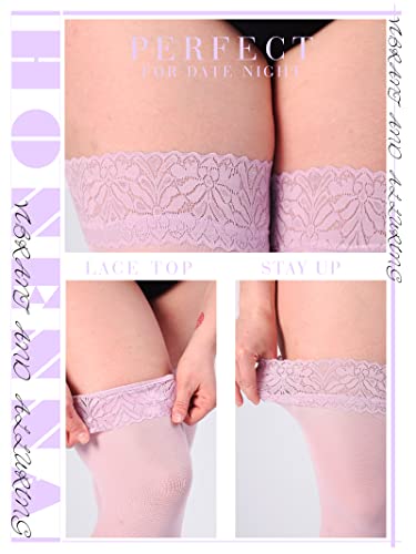 Image of HONENNA Plus Size Thigh High Stockings, Semi Sheer Stay Up Lingerie Lace Top Pantyhose for Curvy Women