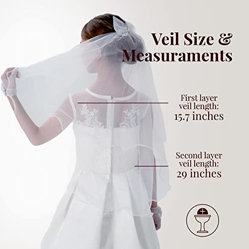 Girls First Communion Veil with Bow Holy White Rhinestone Lace Bow Communion Headband Vail Flower Girl Bow Wedding Kids Veils3