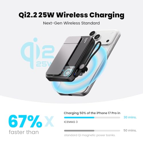 Image of sharge ICEMAG 3 MagSafe Portable Charger, Qi2.2 25W Magnetic Power Bank 10000mAh 35W USB-C Fast Charging, with Active Cooling& Built-in Cable, Transparent RGB Design for iPhone 17 /16 /15 /14 Series