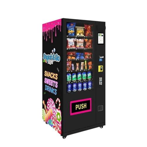Automated vending machine for snacks, beverages, coffee, and soda; refrigerated vending machine with touch card reader, accepts banknotes/coins, adjustable coin slot; suitable for offices and schools.