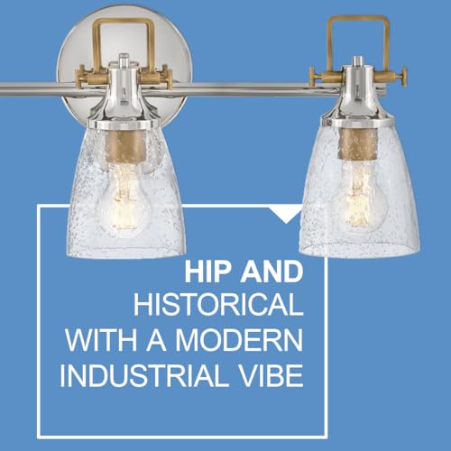 Image of Hinkley Easton Three Light Bath Vanity Fixture, Modern Industrial, Clear Seedy Glass Shade, Mounts Up or Down, Polished Nickel and Heritage Brass