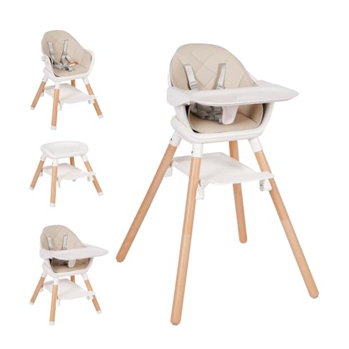 Baby High Chair, 6 in 1 Wooden Convertible High Chairs for Babies and Toddlers, Booster Seat with Double Tray & Reversible Footrest Baby Highchair, 5-Point Harness Feeding Chair (Beige)