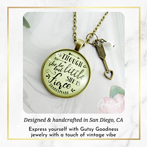 Though She Be But Little Necklace She Is Fierce Boho Aesthetic Jewelry For Women 24" Chain - Friendship Glass Shakespeare Quote Bronze Pendant, Arrow Charm, Gift Packaged, Themed Message Card & Box #TOP3