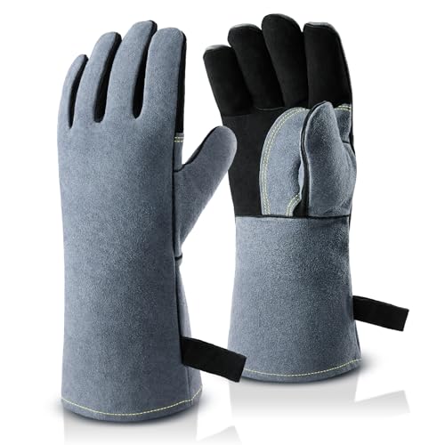 OZERO Welding Gloves for Men, 14-Inch Cowhide Leather Heat Resistant Work Gloves, EN388 EN407 EN12477 Type A Certified, Reinforced Palm, Insulated Lining, Long Cuff for BBQ Grill Oven, Black-gray