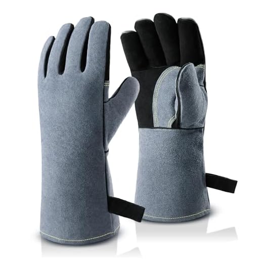932°F Leather Heat Resistant Welding Gloves Flame Retardant BBQ Grill Glove for Tig Welder/Grilling/Barbecue/Oven/Fireplace/Wood Stove - Long Sleeve and Insulated Cotton (Black-gray,14-inch)