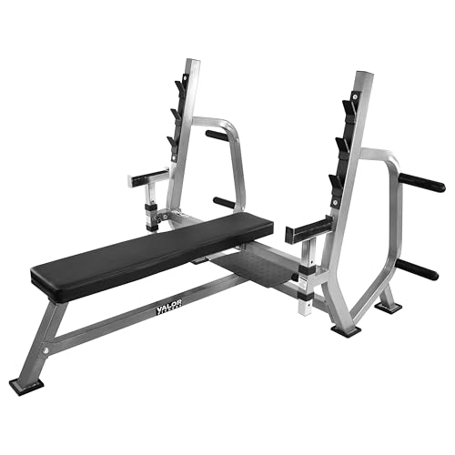 Valor Fitness Olympic Weight Bench Press Station - Spotter Arms - Adjustable Safety Catch- Max 500 lbs - Plate Storage Pegs - Home Gym Equipment