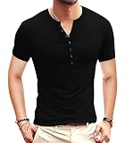 Tomwell Herren Henley Shirts Sommer Kurzarm Shirt Casual T Shirt Slim Fit Knöpfe Basic T-Shirts Schwarzes Männer Shirts Einfarbig Shortsleeve-Sweatshirt Kurzarmshirts B Schwarz L