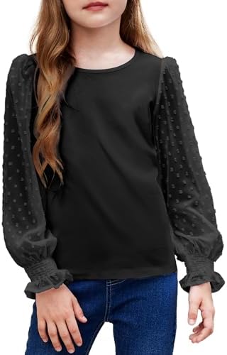 Arshiner Girls Long Sleeve Shirt with Ruffle Cuffs Polka Swiss Dots Kids Girls Pullover Shirts Cute Crewneck Girls Top