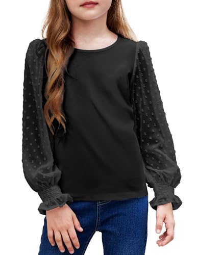 Arshiner Camisa de Manga Larga para niña con puños con Volantes y Lunares suizos, Linda Blusa con Cuello Redondo para niña, Color Negro, 140