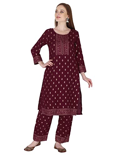 Image of Women's Rayon Printed Kurta with Palazzo Set (Large, Wine Palazzo Set)