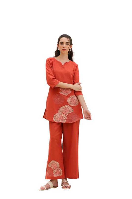 Women's Rust Embroidered Cotton Co-ord Set-image-49