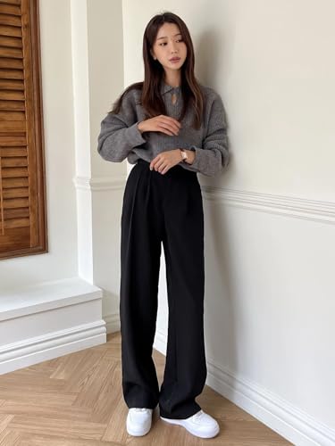 Image of Elendra Cotton Blend Wide Leg Pants for Women | HIGH Waist Formal Baggy Pants