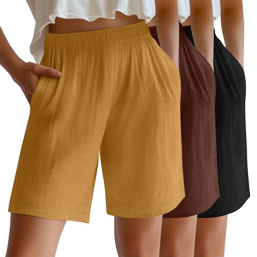 Riyiper 3 Pack Women's Linen Shorts Elastic High Waist Bermuda