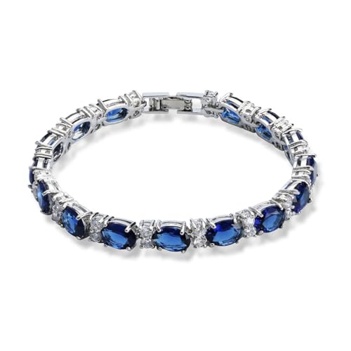 Image of Deyanse Tennis Bracelet for Women, White Gold Plated Bangles with Blue Sapphire Oval & White Round 5A Cubic Zirconia, Hypoallergenic 7 Inch Birthstone Bracelet, Luxus Women's Bracelets with Gift Box