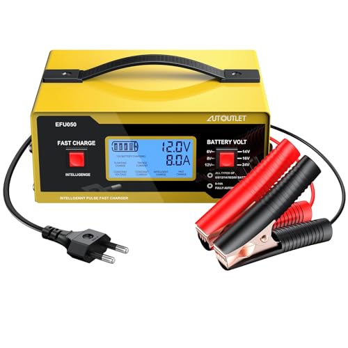 AUTOUTLET Ladegerät Autobatterie, 6/8/12/14/24V Smart vollautomatische KFZ Batterieladegerät Erhaltungsladegerät mit LCD Bildschirm, 0-14A Batterie Ladegerät für Auto Motorrad Rasenmäher Boot(Gelb)