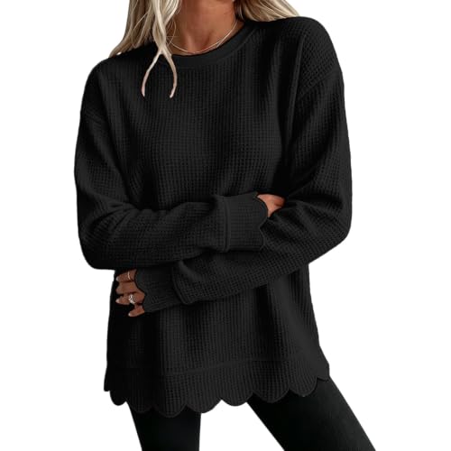 Waffle Knit Sweatshirt Women Scalloped Hem Crewneck Lightweight Sweat Shirt - image 1