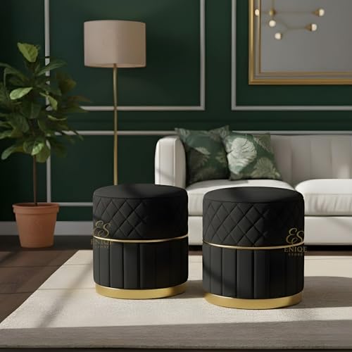 Image of Set of 2 Round Velvet Ottoman Footstool Gold Base - Tufted Upholstered Pouffe Stool for Living Room, Bedroom & Dressing Area (Black)