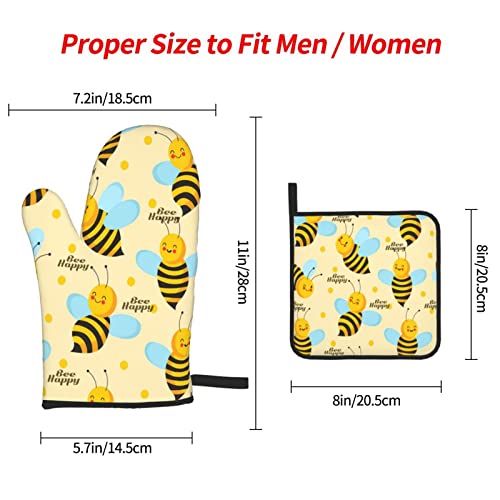 Happy Cute Bee Oven Mitts And Pot Holders Sets Kitchen Heat Resistant Yellow Decor Oven Glove 3 Pcs Kitchen Sets For Cooking,Baking,Grilling,Bbq,Cooks Gifts #TOP3