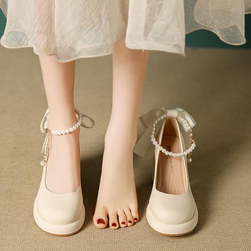 Women's Leather Chunky High Heel Pearl Chain Ankle Strap Pumps Round Closed Toe Platform Elegant Mary Jane Dress Shoes Wedding Party Evening Shoes4