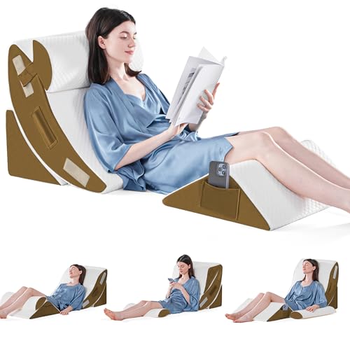 Lot de 4 oreillers orthopédiques en mousse pour dormir, post-chirurgie, soulagement de la douleur du corps, du dos et des jambes, coussin de soutien triangulaire réglable avec reflux acide marron