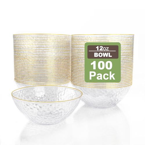 Rubtlamp 100 Pack Clear Disposable Bowls, Clear Plastic Bowls with Gold Rim, 12-16oz Premium Heavy Duty Plastic Hammered soup Bowls for Milk Cereals, Snacks, Salads