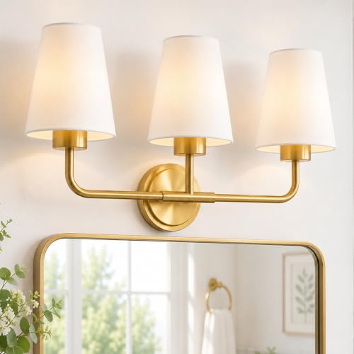 Image of Brushed Gold Bathroom Light Fixtures with White Fabric Shades | 3-light vanity light for bathroom, modern sconces wall lighting for hallway bedroom, ideal for 30-48 inch mirrors, AD-25052-3W-GD