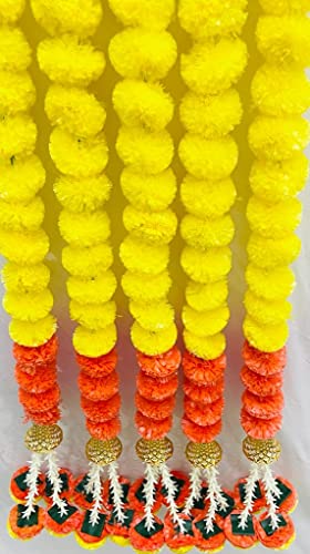 Image of Sphinx Artificial Marigold Fluffy Flowers Garlands for Decoration - Pack of 5 (Orange,Yellow Mix with Bell)