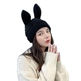Mellshy Knit Beanie Hats for Women Cute Bunny Hat Warm Knit Rabbit Ear Crochet Skull Cap (Black)