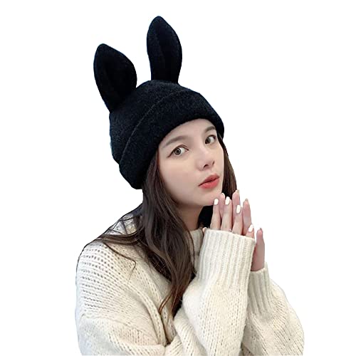 Mellshy Knit Beanie Hats For Women Cute Bunny Hat Warm Knit Rabbit Ear Crochet Skull Cap (Black) #TOP4
