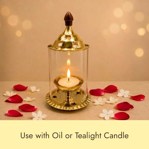 Image of ServDharm Brass Akhand Diya with Borosilicate Glass Cover | Medium Oil Lamp 5.9 inch