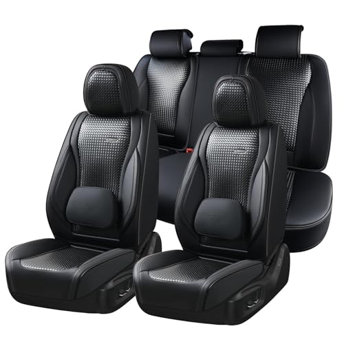 Image of Coverado Car Seat Covers Full Set, Black Seat Covers for Cars, Waterproof Nappa Leather Automotive Seat Covers with Lumbar Head Pillow, Car Seat Protectors, Universal Fit for Most Cars SUV
