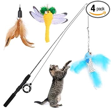 VavoPaw Cat Feather Teaser Wand Toy, Cat Interactive Retractable Fishing Pole, Funny Cat Stick Sea Rod Cat Feather Playing Toy Pet Companion Toys, 1 Wand & 3 Interchangeable Toys, Brown+Blue+Yellow