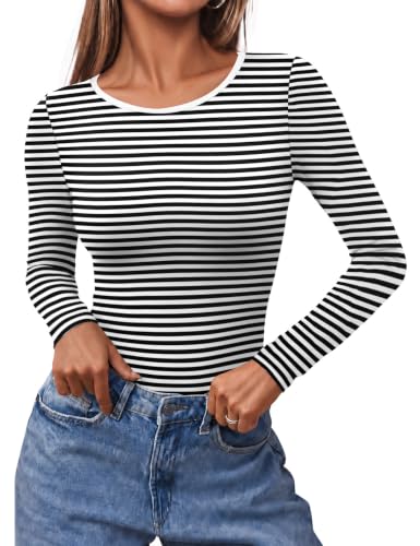 Ekouaer Long Sleeve Shirts for Women Scoop Neck Tight Slim Basic Fitted Top - image 1