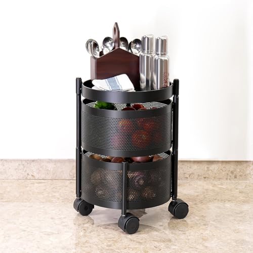 Image of MARKWELL Round Rotatable Kitchen Trolley with Wheels | Vegetable Fruit Onion Storage Rack | Multipurpose Metal Kitchen Organizer Stand | Matt Black (Round - 2 Layer)
