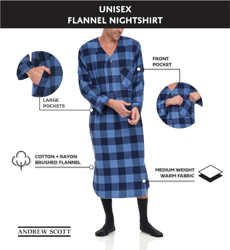 Andrew Scott Men's 2 Pack Lightweight Cotton Flannel Sleep Shirt, Long Henley Nightshirt Pajamas2