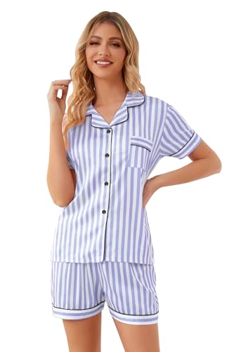 Image of Schbbbta Women Pajamas Set, 2 Pieces Satin Silk Button Down Pjs Short Sleeve Outfits Loungewear