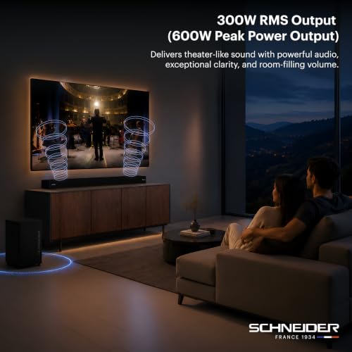 Image of Schneider AUREON SB312DA 3.1.2 (5.1) Channel Dolby Atmos Soundbar with Wireless Subwoofer - 300W RMS Power Setup (600W Peak) Upward-Firing Speakers - HDMI 2.1 eARC - Bluetooth 5.3 - Matte Black