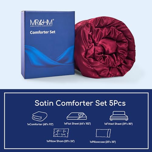 MR&HM Satin Comforter Twin XL 5 Pieces - Luxurious Pinch Pleat Bedding Set with Comforter, Flat Sheet, Fitted Sheet, Pillowcase & Sham, Super Silky Soft Bed Set for All Season (Twin XL, Burgundy)