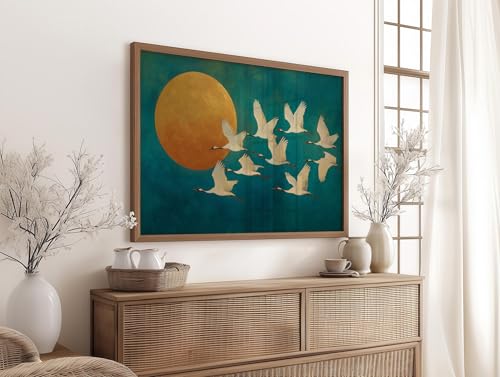 Peinture sur toile soleil doré et grues 50x75 cm avec cadre intérieur vintage