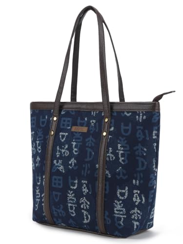 Image of NEPRI Printed Office Tote Bag | Laptop Bag 15.6 inch | Stylish Tote Bags for Office Use | Purse for Women | Vegan Leather & Handblock Printed Fabric Handbag | Daily & Travel Use