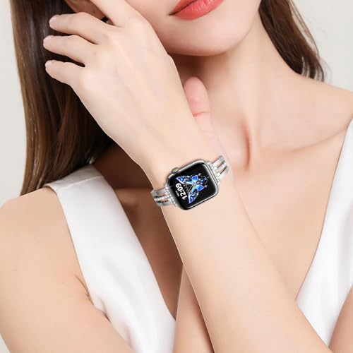 Image of AIRSPO Slim Gold Band Compatible with Apple Watch 38 /40 /41 /42 /44 /45 /46mm Women Metal Dressy Jewelry Bracelet with Bling Diamond for iWatch Series 10-3 /SE (Starlight, 42 /44 /45 /49 /46mm(Series 10))