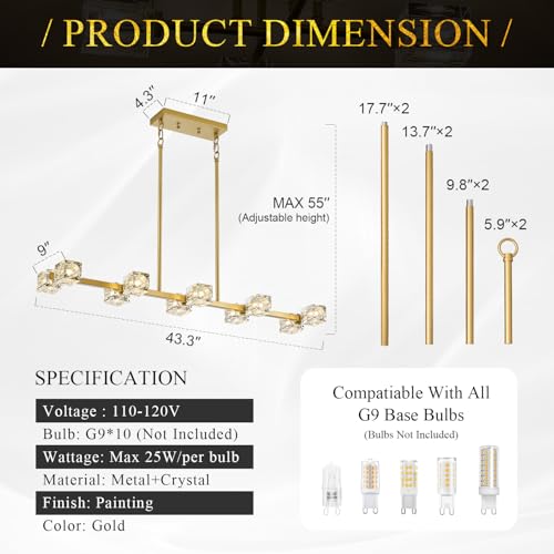 Image of 10 Lights Modern Crystal Chandelier L 43 inch Dining Room Gold Sputnik Ceiling Pendant Lights Industrial Hanging Light Fixture for Kitchen Island Over Table Living Room Bedroom