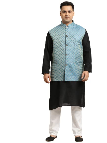 Sojanya Men's Cotton Black Kurta & Silk Blend Nehrujacket With White Churidar Pyjama Set - Main Image